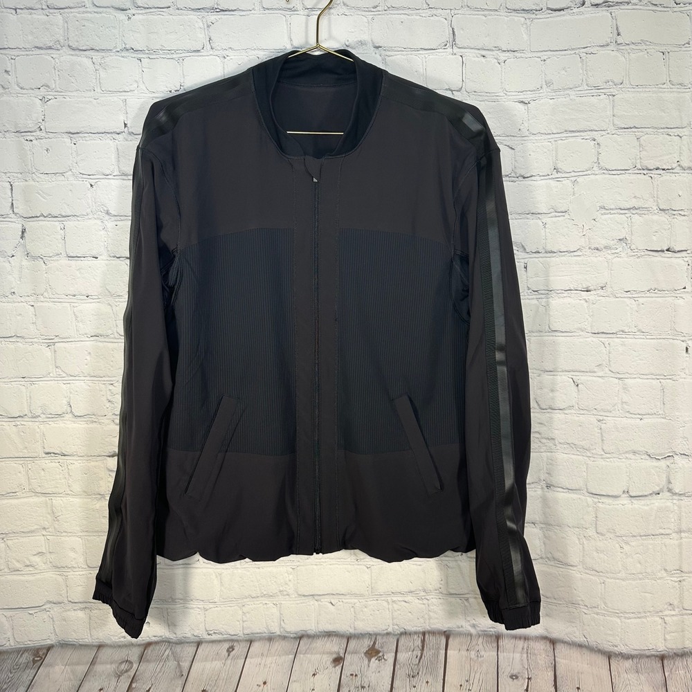 Lululemon Off the Court Black Full Zip Mesh Lined Bomber Jacket Textured Stripe